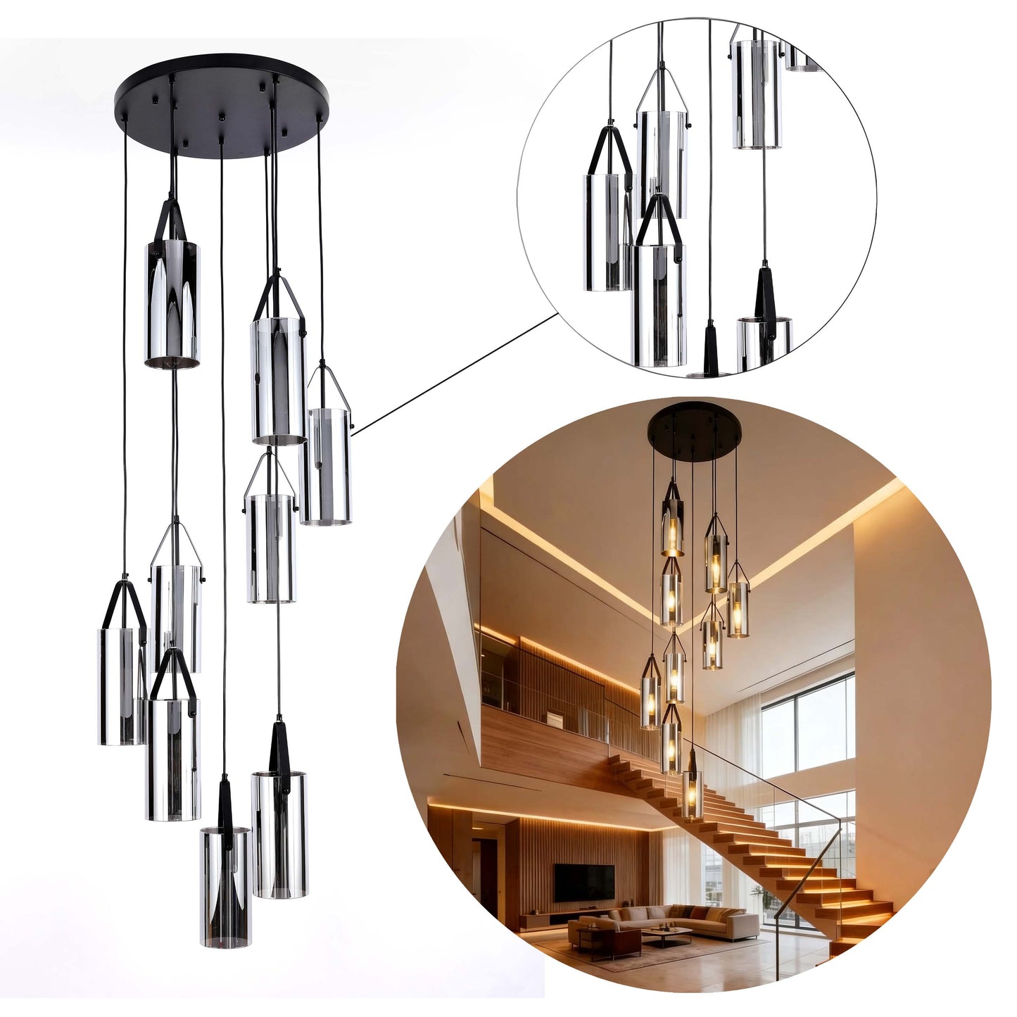 Modern 9-Light Smoky Glass Cluster Pendant Light, Black E27