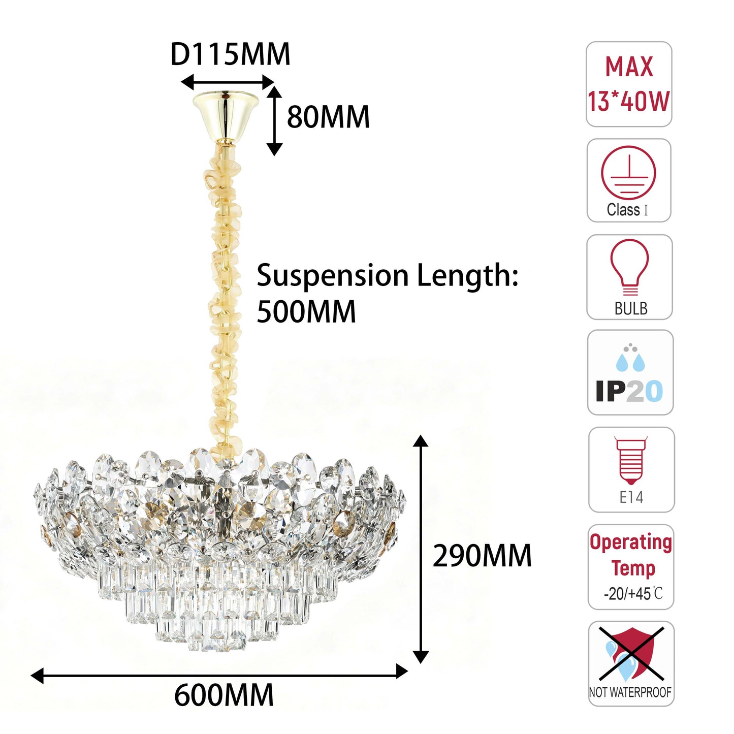 Luxury Gold & Crystal Empire Chandelier Collection M2158, 12 to 42 Light E14