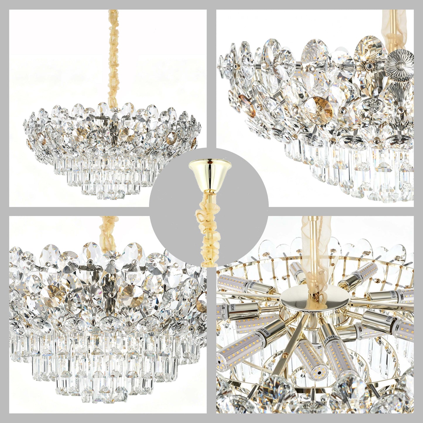Luxury Gold & Crystal Empire Chandelier Collection M2158, 12 to 42 Light E14