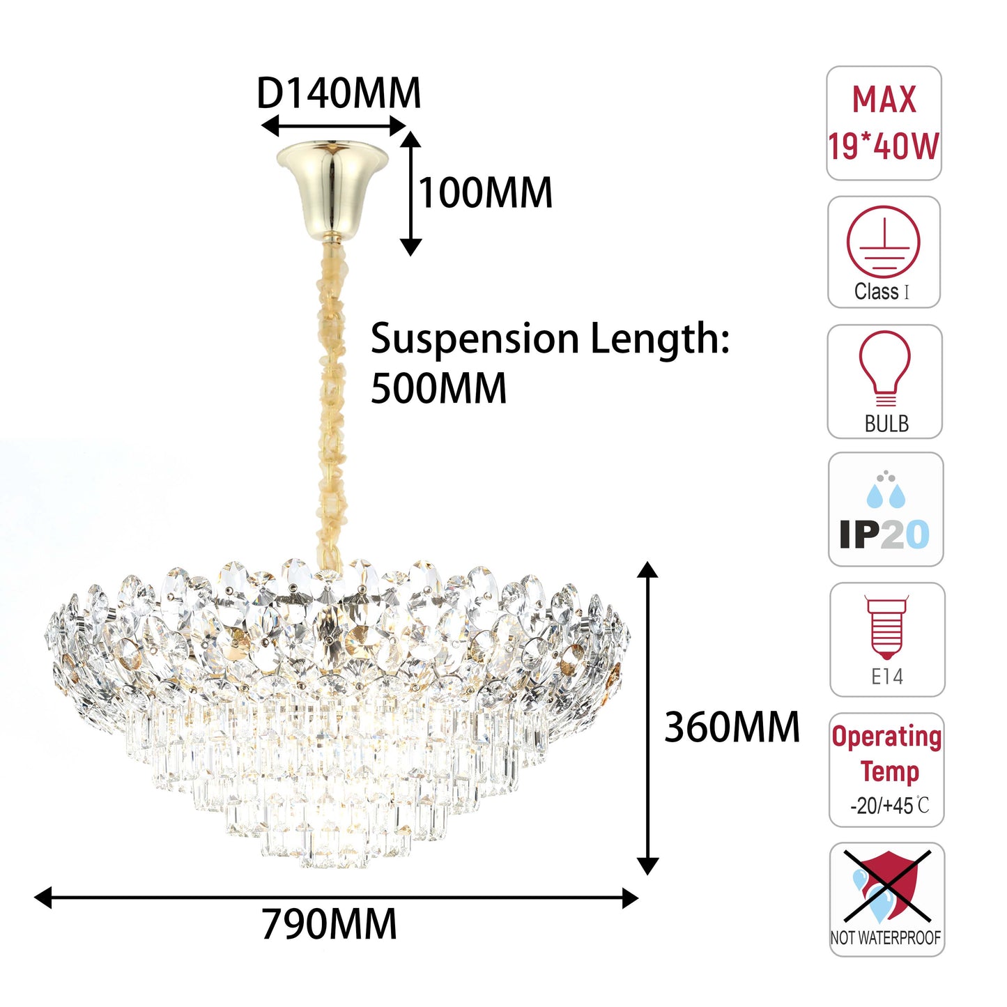 Luxury Gold & Crystal Empire Chandelier Collection M2158, 12 to 42 Light E14