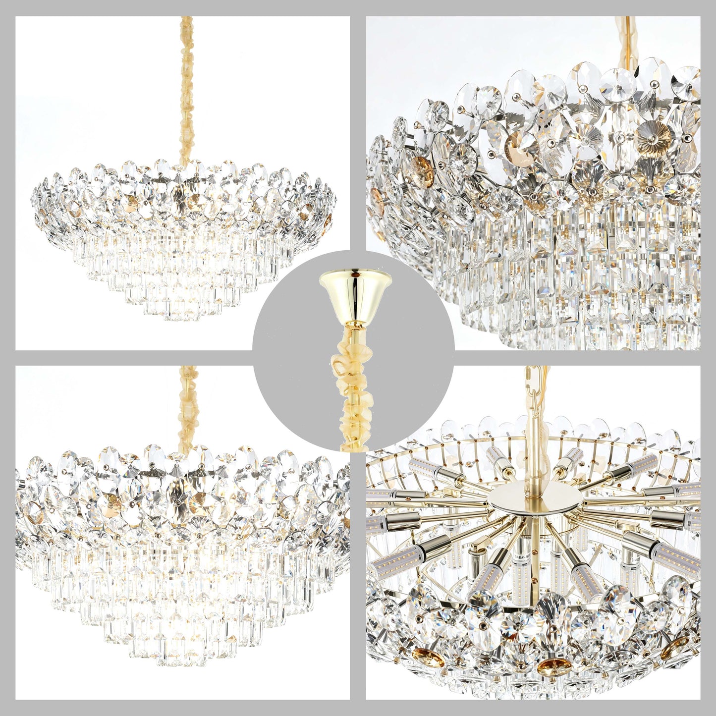 Luxury Gold & Crystal Empire Chandelier Collection M2158, 12 to 42 Light E14