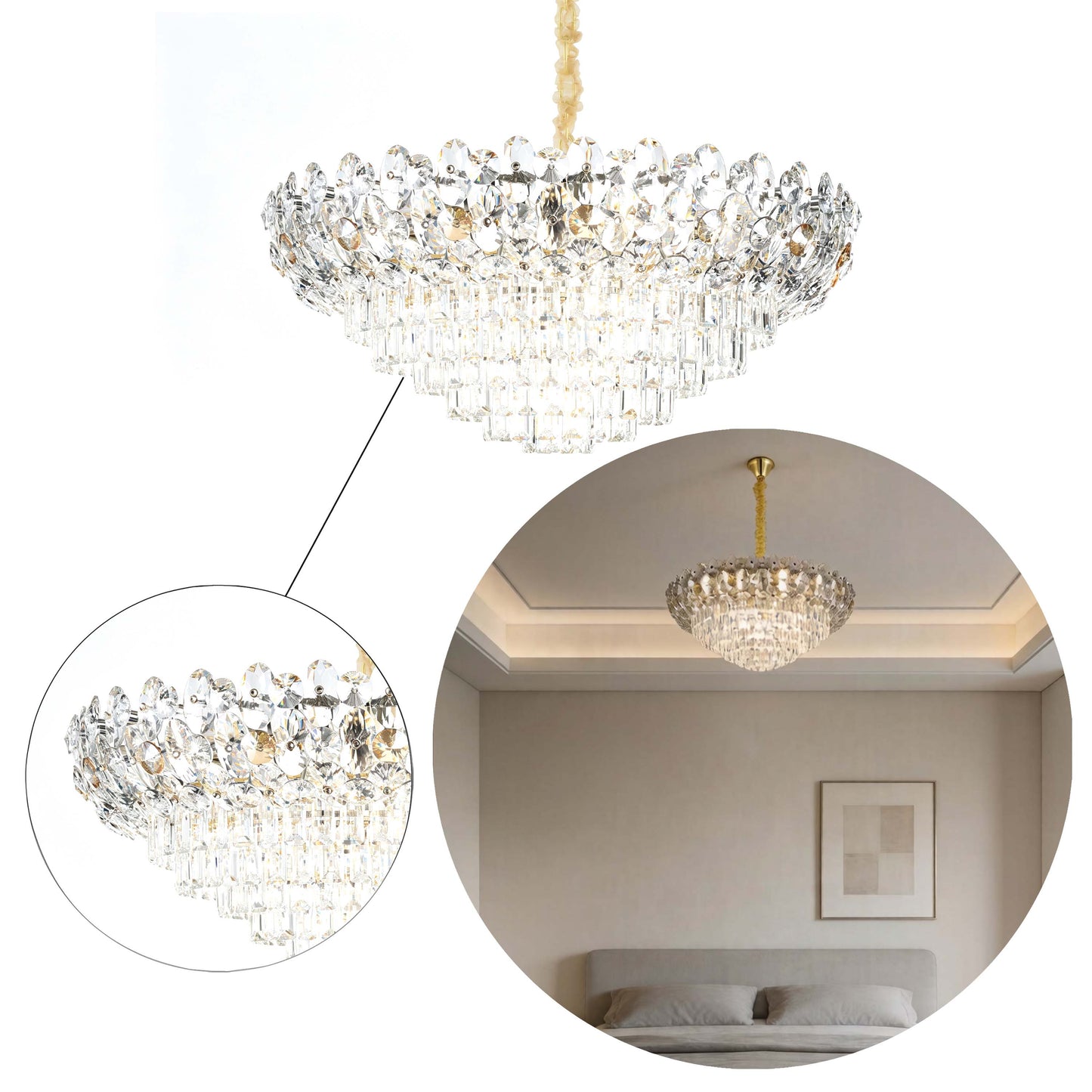 Luxury Gold & Crystal Empire Chandelier Collection M2158, 12 to 42 Light E14