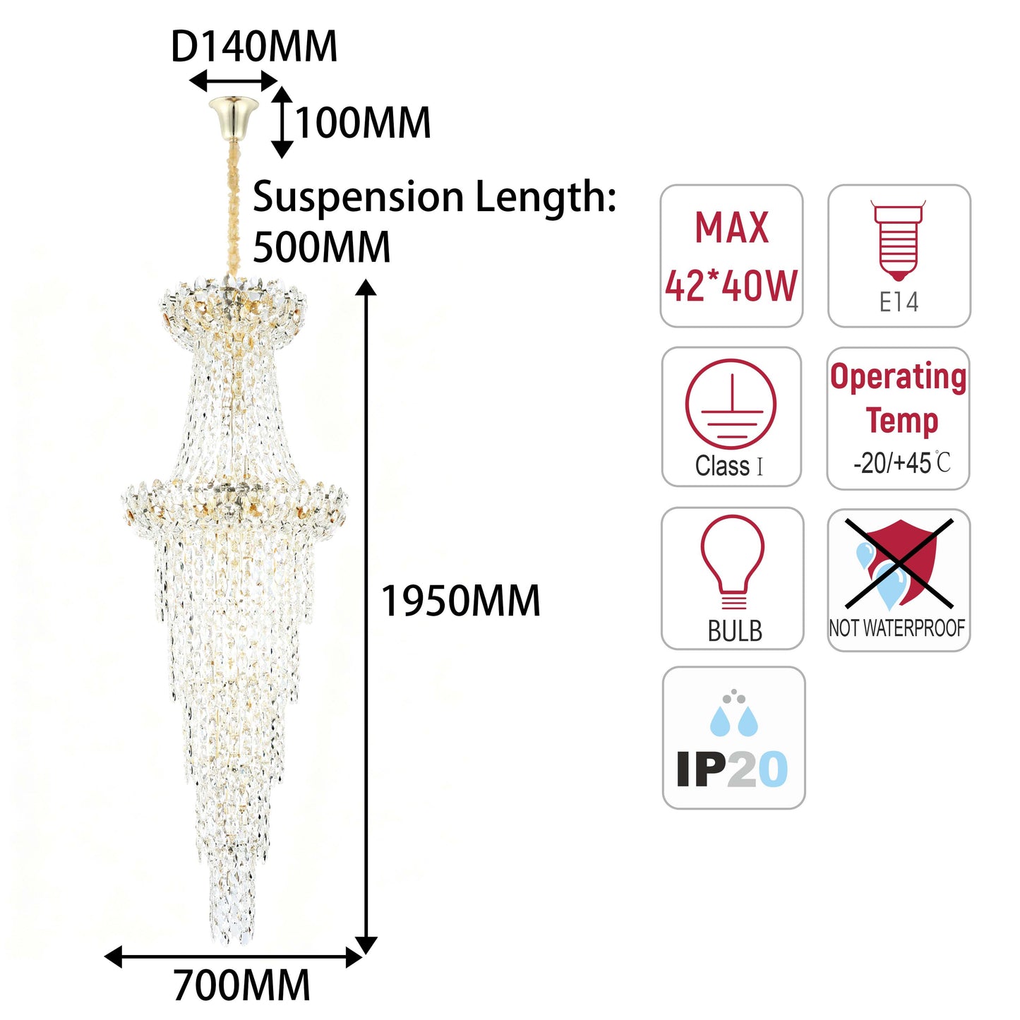 Luxury Gold & Crystal Empire Chandelier Collection M2158, 12 to 42 Light E14