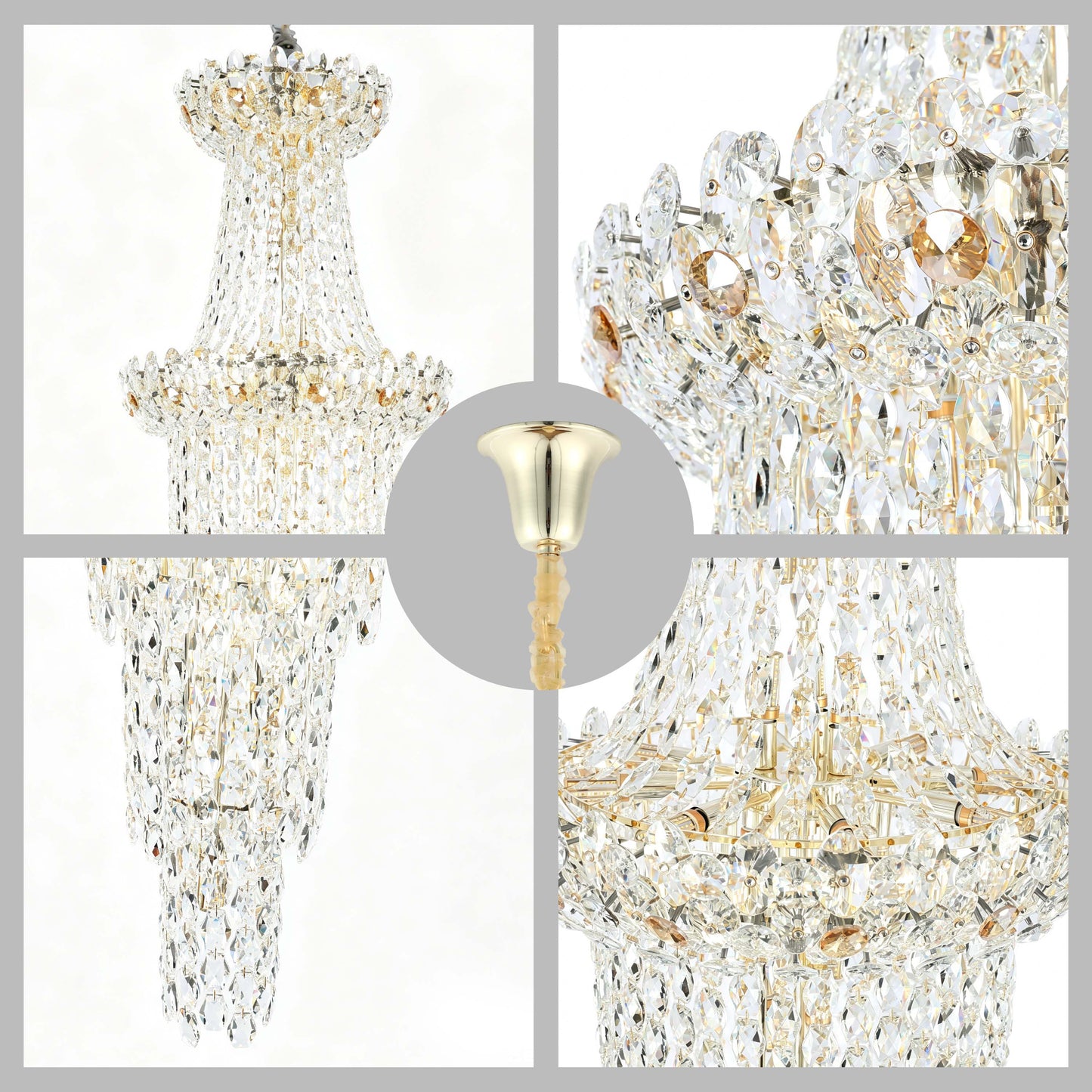 Luxury Gold & Crystal Empire Chandelier Collection M2158, 12 to 42 Light E14
