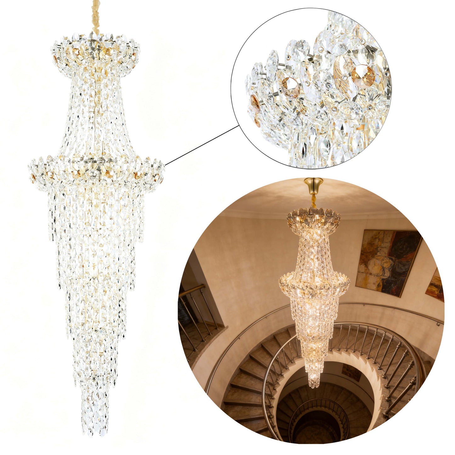 Luxury Gold & Crystal Empire Chandelier Collection M2158, 12 to 42 Light E14