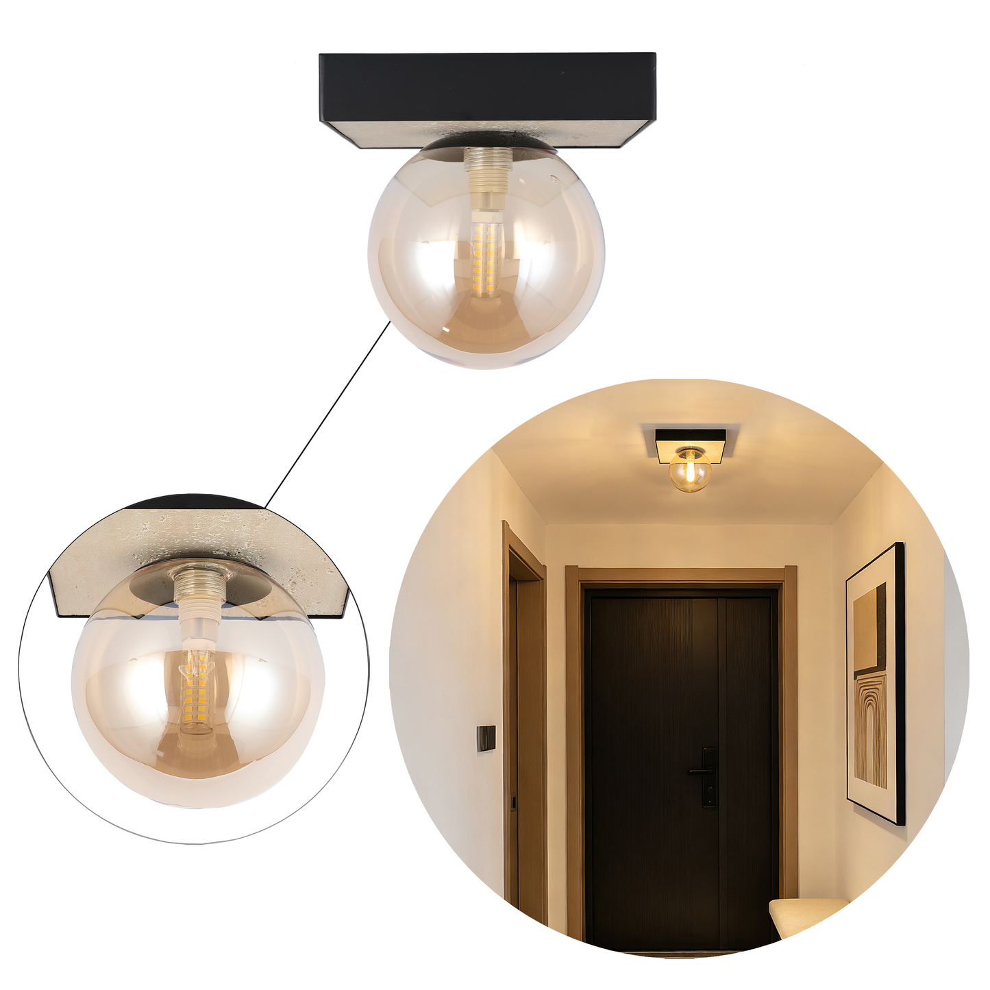 Modern G9 Glass Globe Ceiling Light, Amber Shade