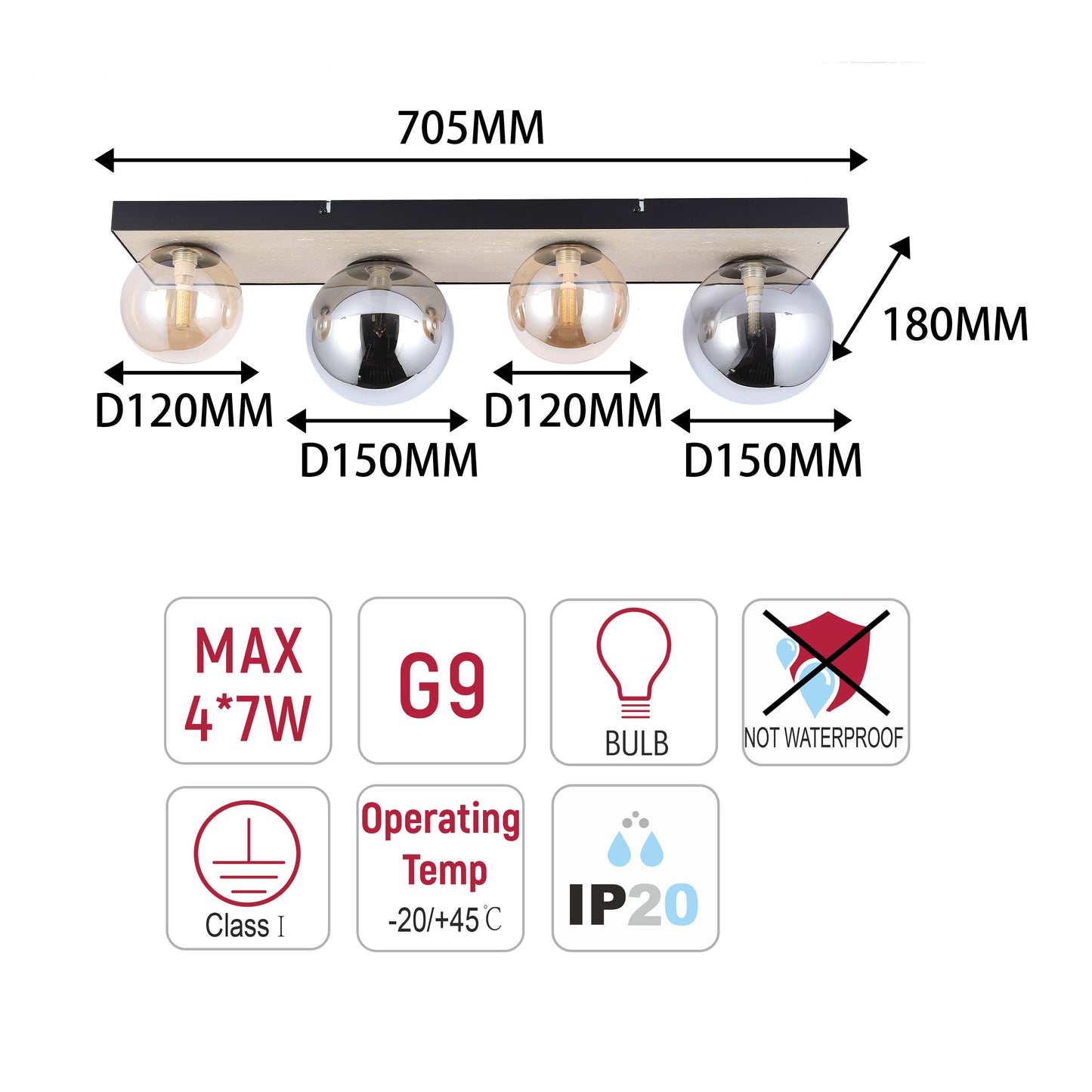 Modern G9 Glass Globe Ceiling Light, Amber Shade