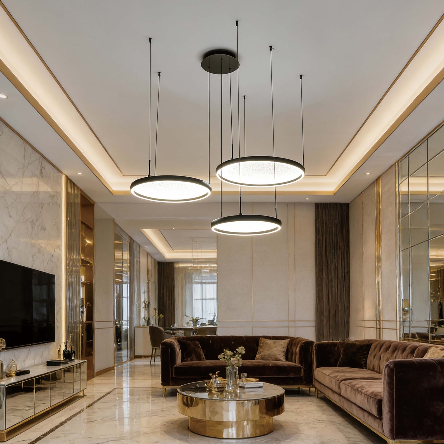Modern 3-Ring Black LED Pendant Light, 80W 3CCT with Remote