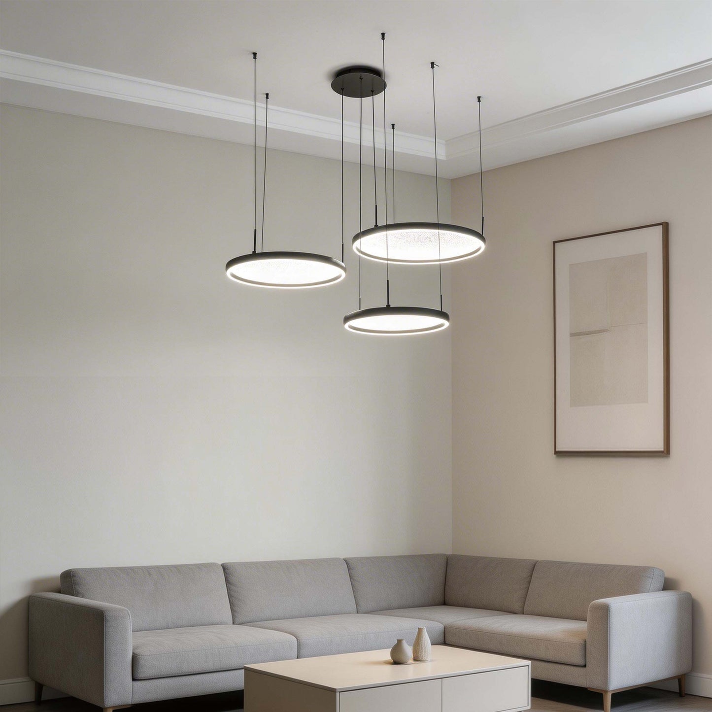 Modern 3-Ring Black LED Pendant Light, 80W 3CCT with Remote