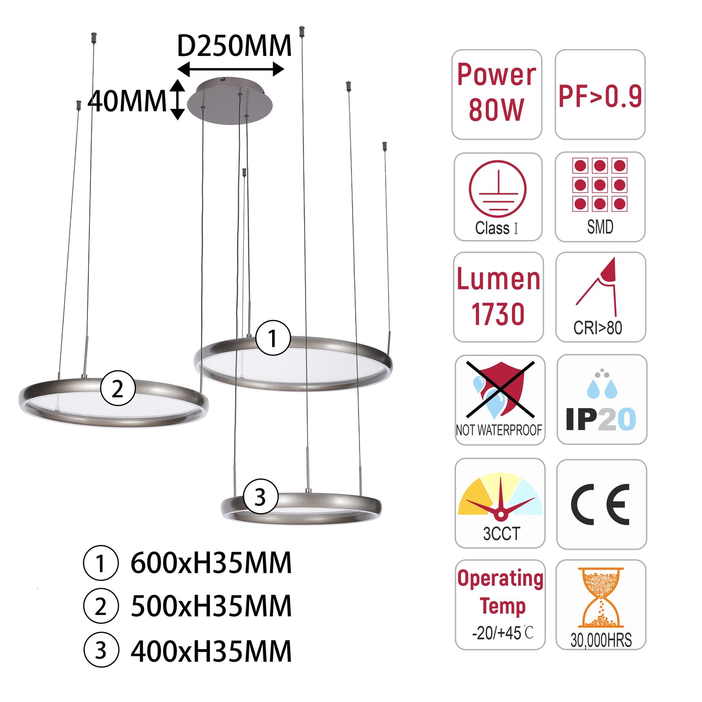 Modern 3-Ring Black LED Pendant Light, 80W 3CCT with Remote