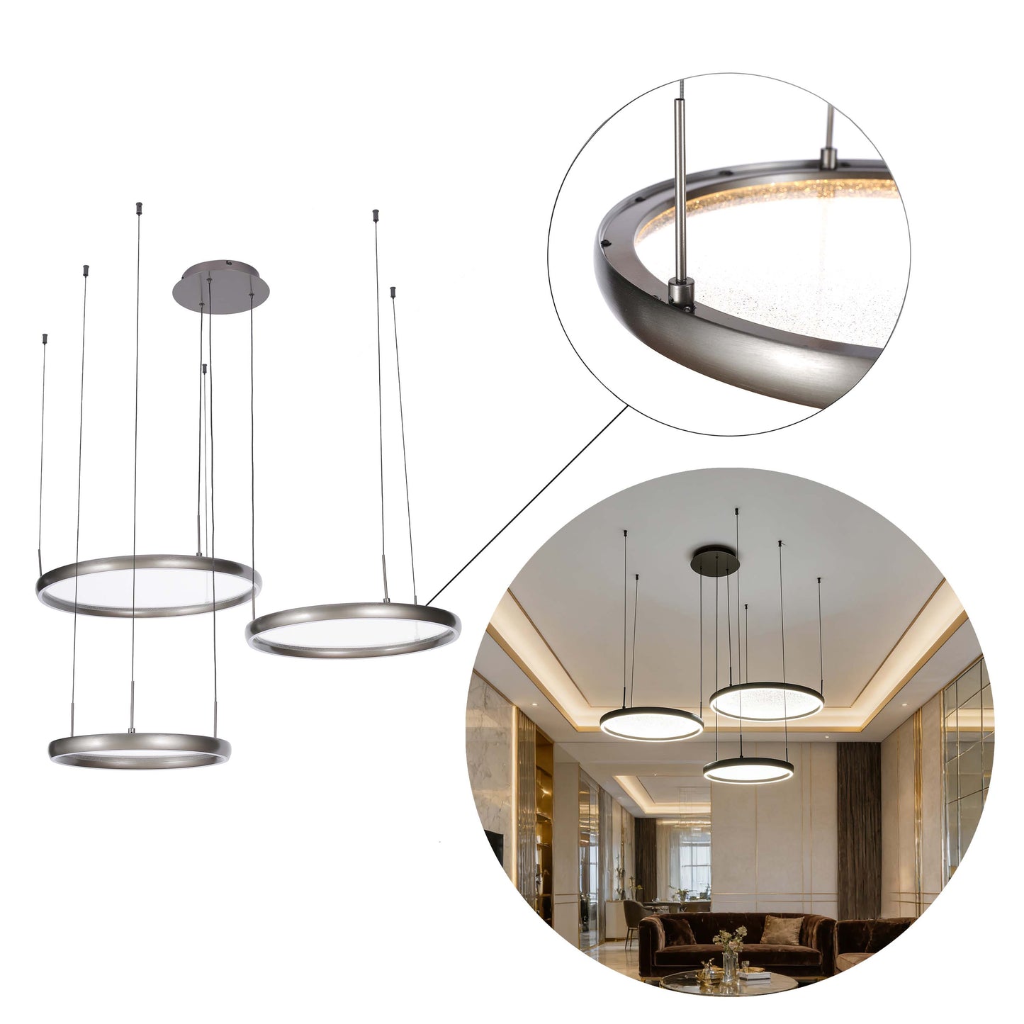 Modern 3-Ring Black LED Pendant Light, 80W 3CCT with Remote
