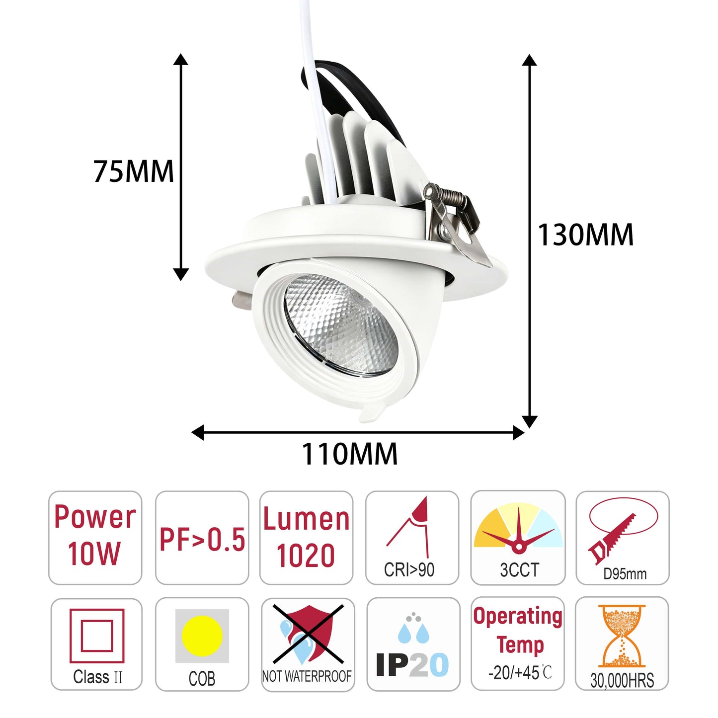 Adjustable LED Recessed Scoop Downlight, White, 3CCT Selectable 10W / 30W