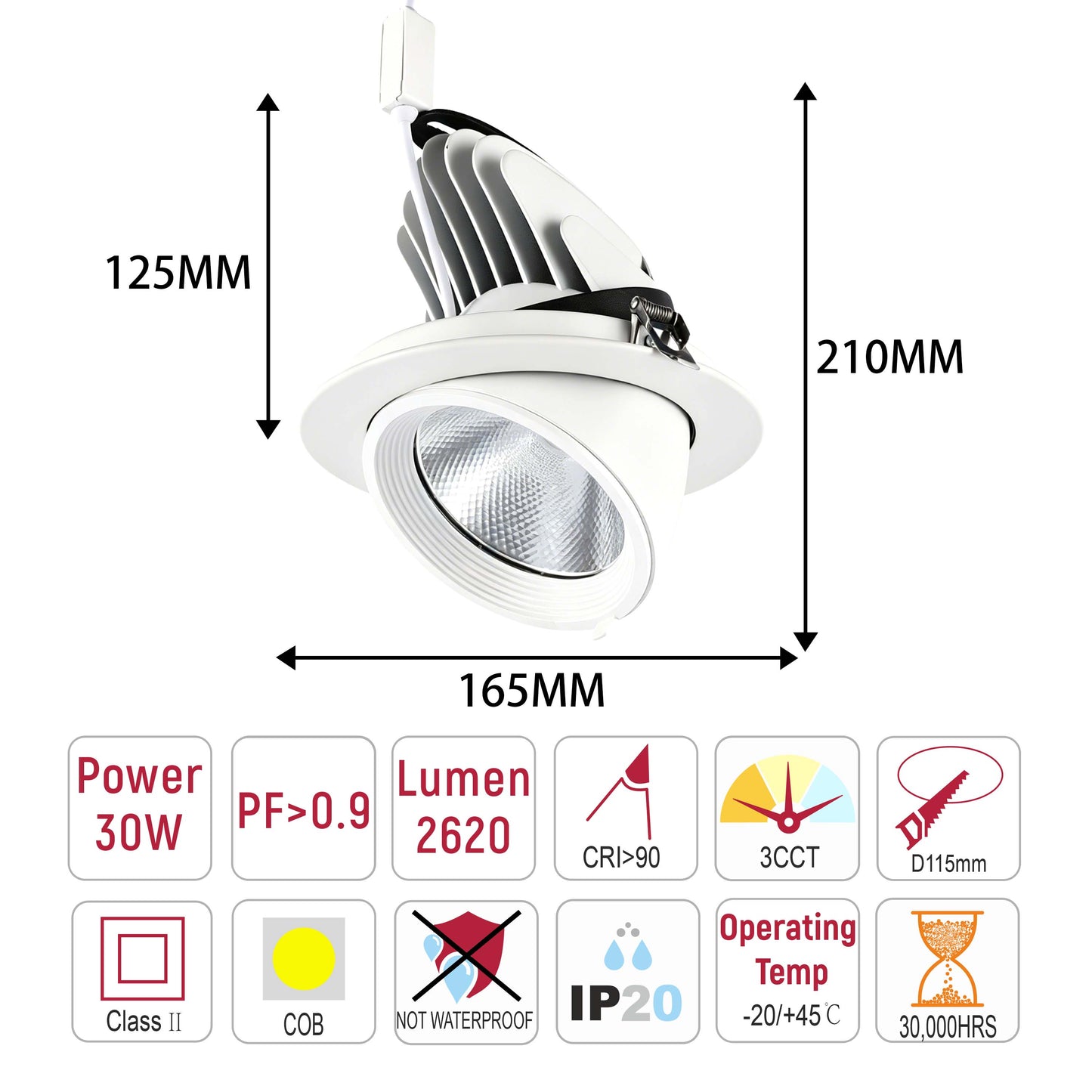 Adjustable LED Recessed Scoop Downlight, White, 3CCT Selectable 10W / 30W
