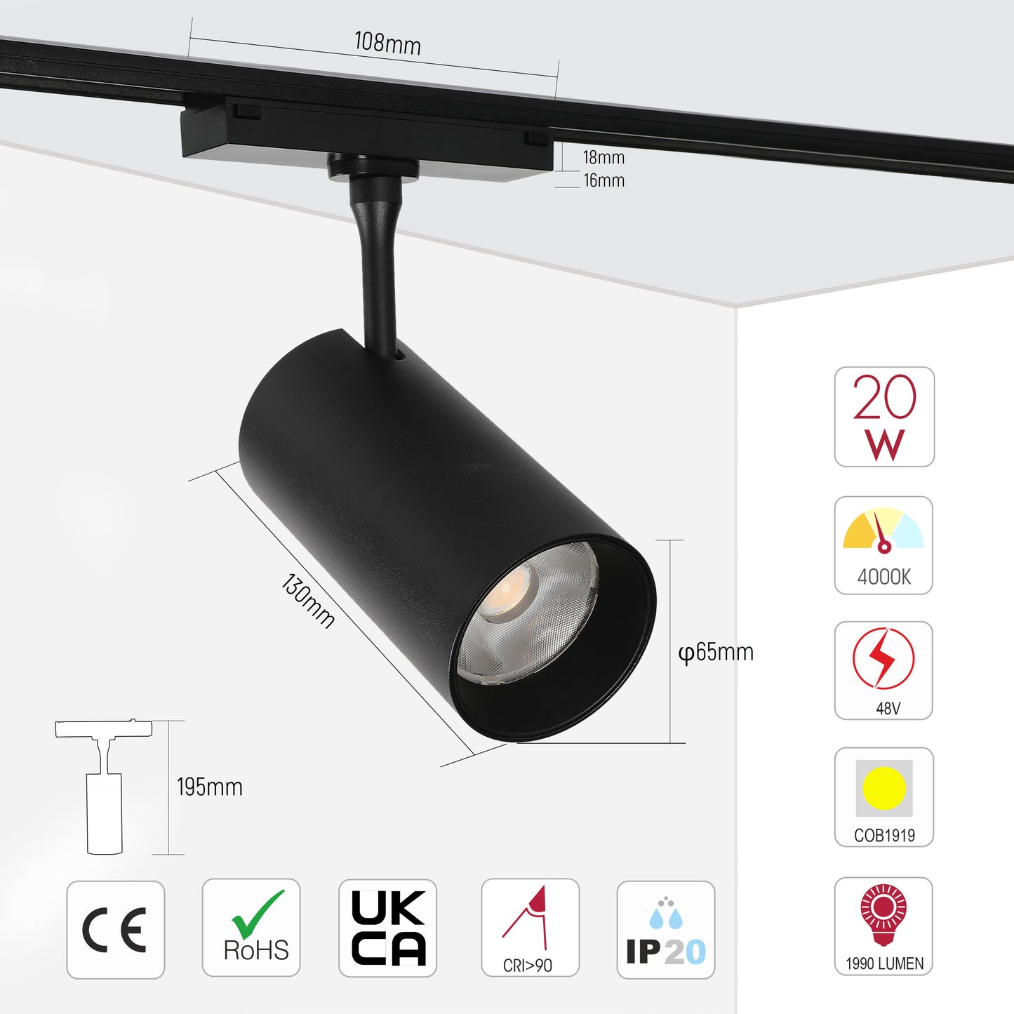 Magnetic Cylinder Slim LED Track Light, 20W 48V 4000K Black