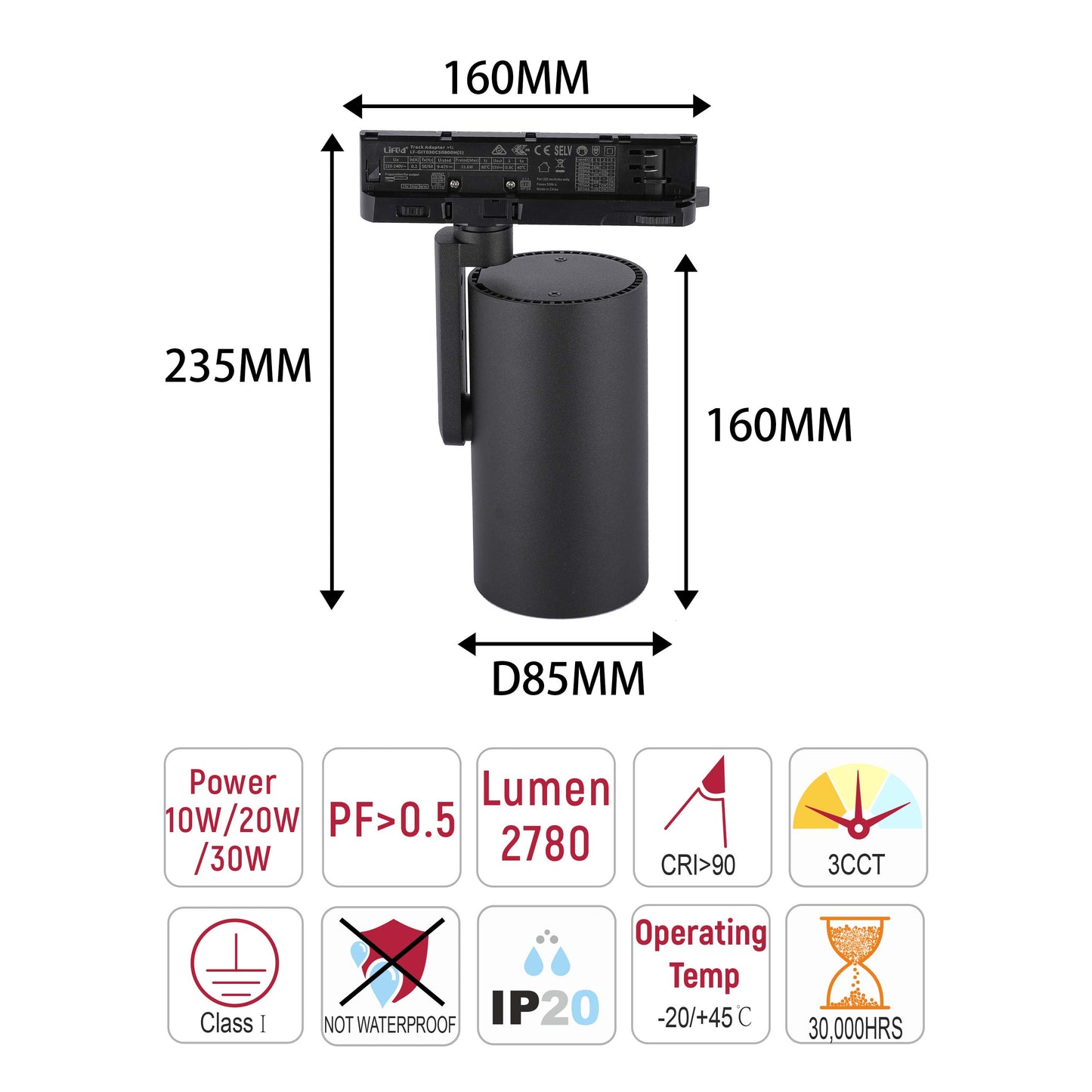 Adjustable Black LED Track Spotlight, 10W-30W Selectable 3CCT