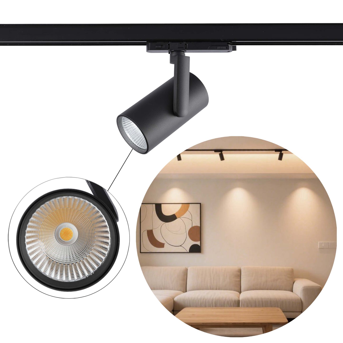 Adjustable Black LED Track Spotlight, 10W-30W Selectable 3CCT