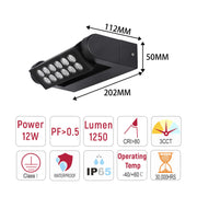 12W Black LED Wall Washer Light, IP65 Outdoor, 3CCT Selectable