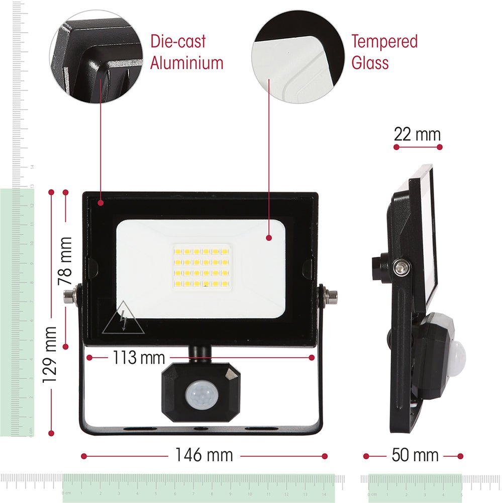 Dimensions of Pegasus Flood Light with PIR Motion Sensor 20W 4000K Cool White IP65