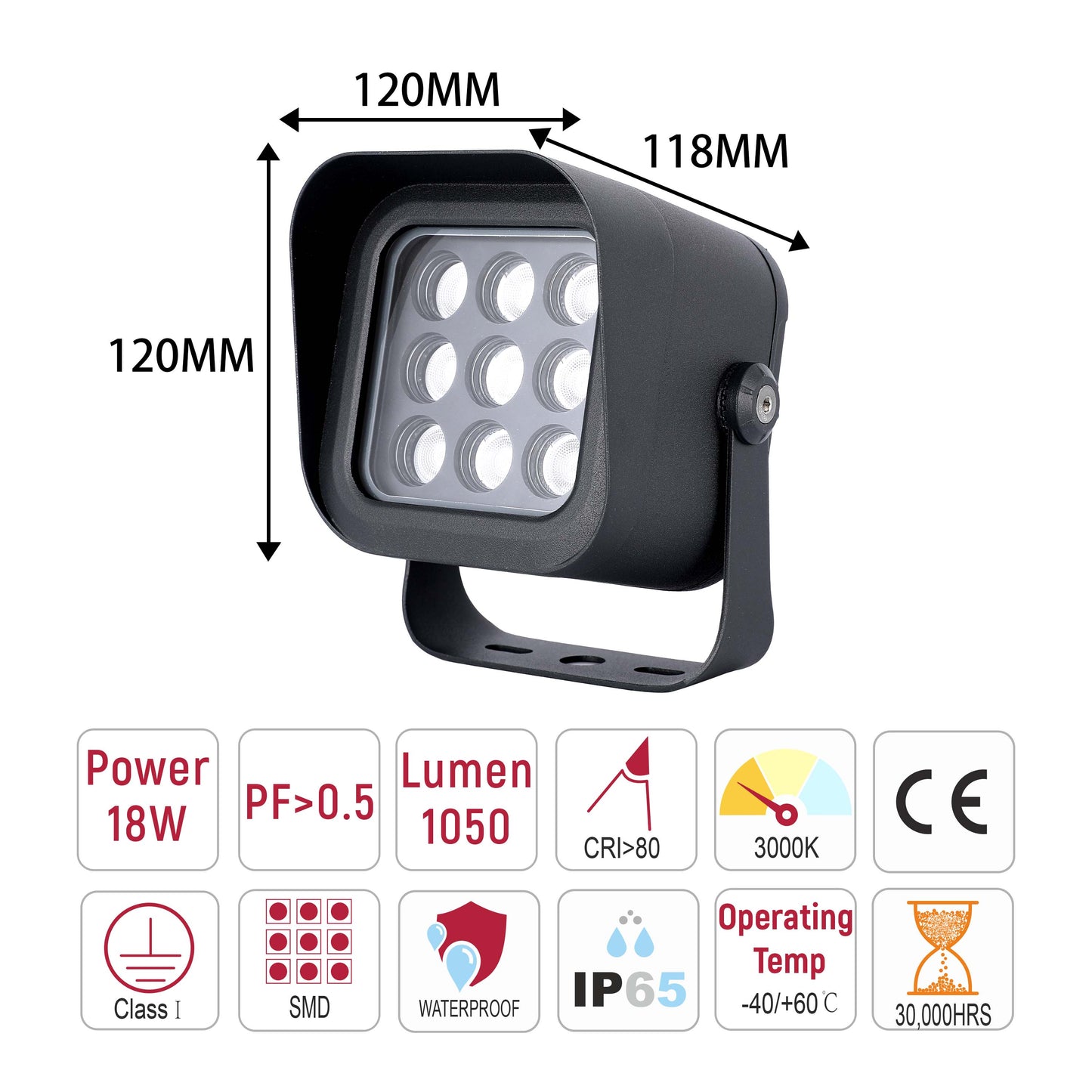 18W Architectural LED Spot Flood Light with Visor, Dark Grey, 3000K IP65