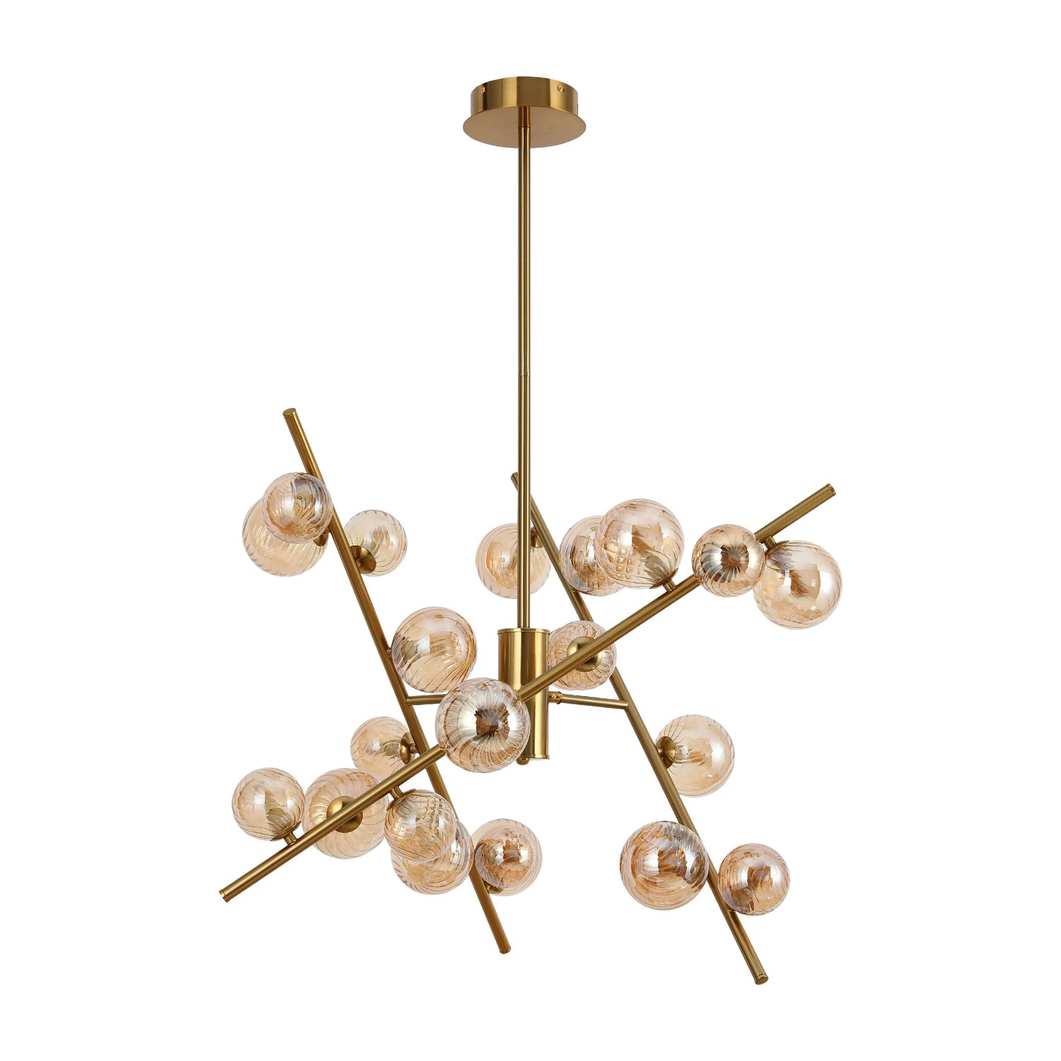 A modern chandelier with gold finish and amber glass orbs, suspended from a sleek rod.