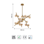 A cluster pendant light with gold finish and bubble glass shades. Dimensions are 1000mm high and 800mm wide.
