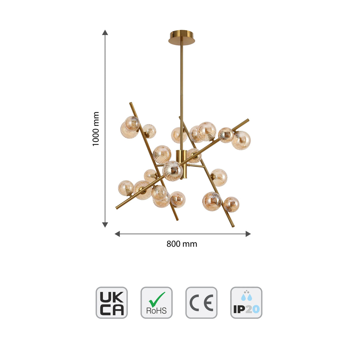 A cluster pendant light with gold finish and bubble glass shades. Dimensions are 1000mm high and 800mm wide.