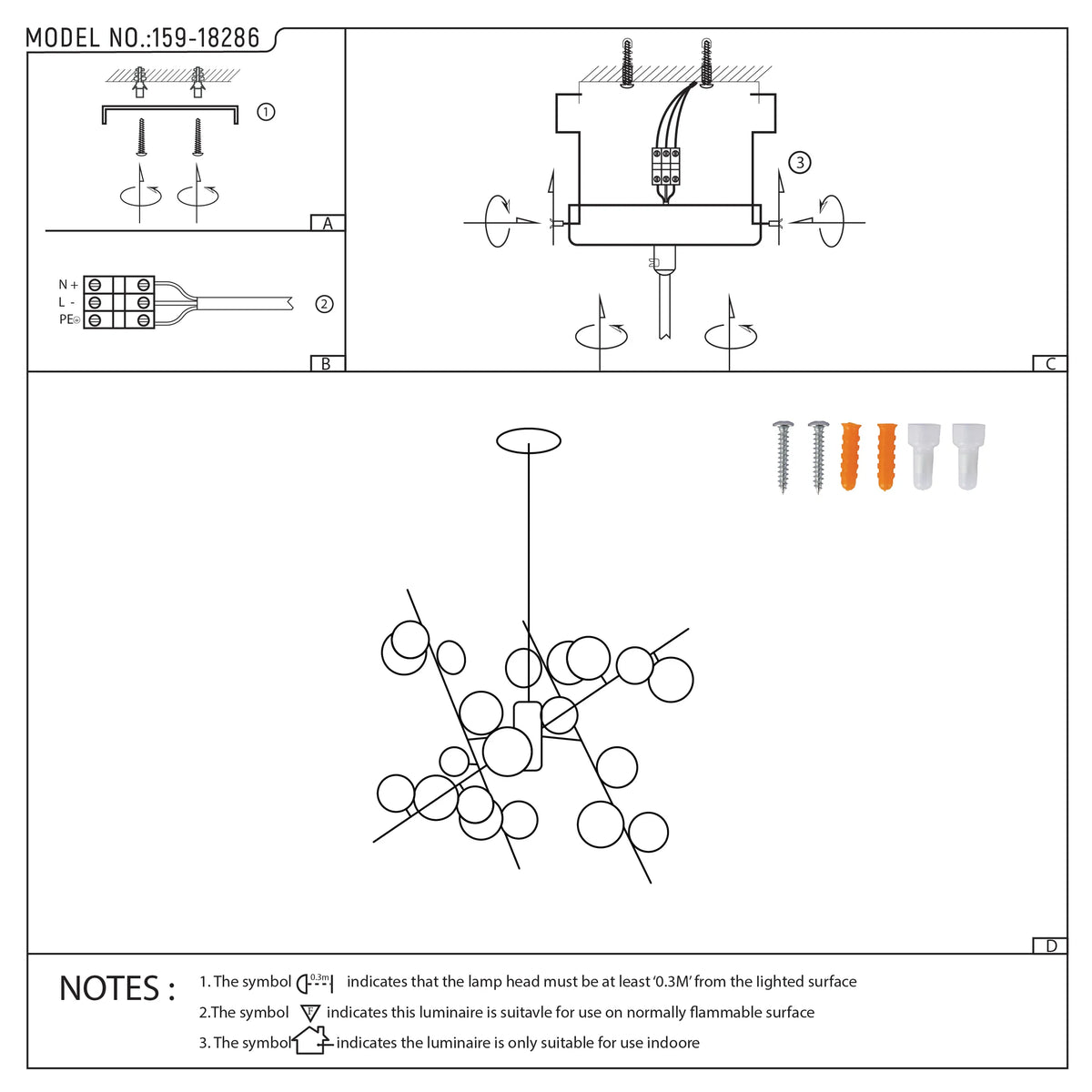 A diagram displaying the installation process for a modern, bubble-style ceiling light with fixing and wiring instructions.