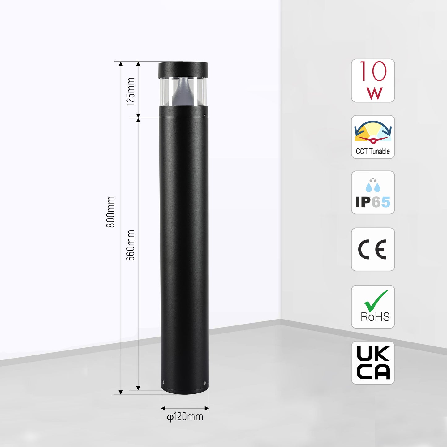 10W Modern Black LED Bollard Garden Light, 800mm, 3CCT Selectable IP65