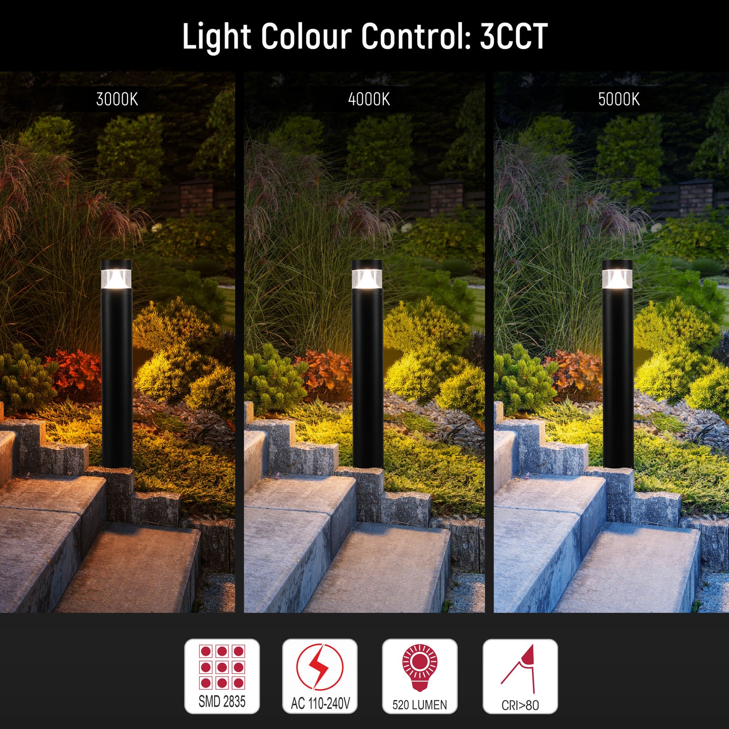 10W Modern Black LED Bollard Garden Light, 800mm, 3CCT Selectable IP65