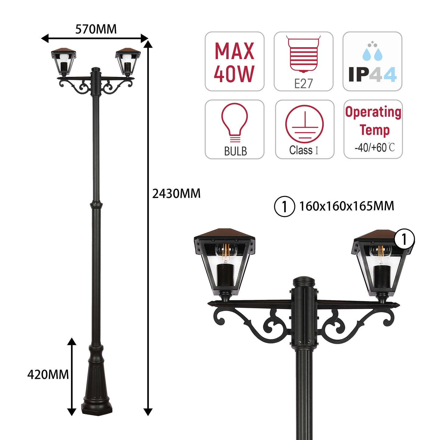 Outdoor Bollard Lawn Lamp  A0307  E27x2  Black