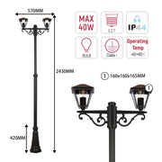 Traditional 2-Light Garden Lamp Post, 2.4m Tall Black Outdoor Lantern