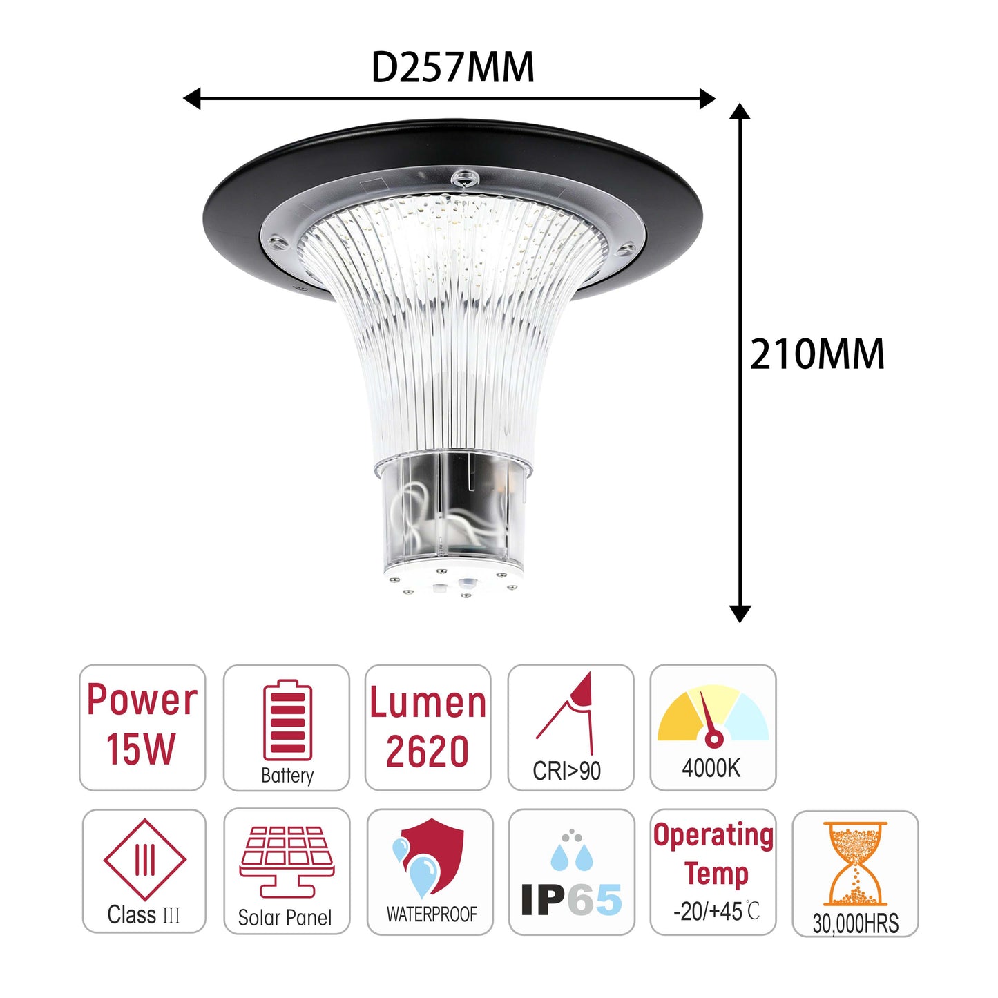 15W Solar LED Pillar Bollard Light, Dual CCT 4000K/6000K, Black IP65