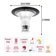 15W Solar LED Pillar Bollard Light, Dual CCT 4000K/6000K, Black IP65