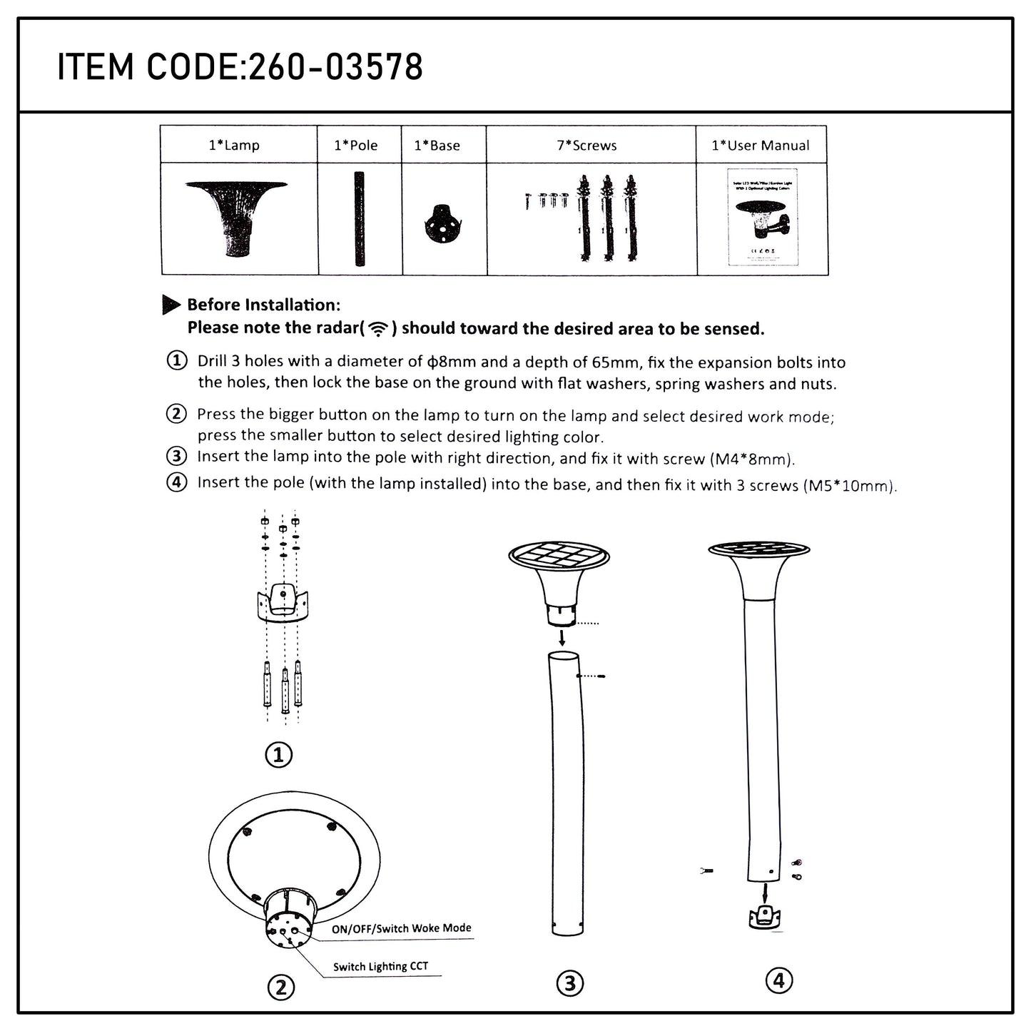 15W Solar LED Pillar Bollard Light, Dual CCT 4000K/6000K, Black IP65