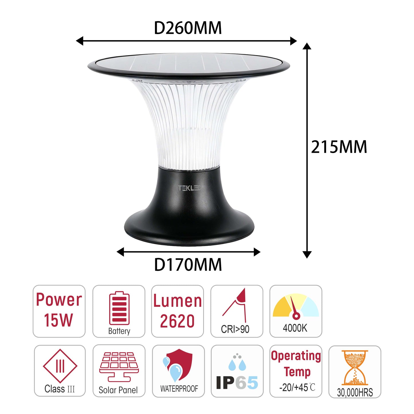 15W Solar LED Pillar Bollard Light, Dual CCT 4000K/6000K, Black IP65
