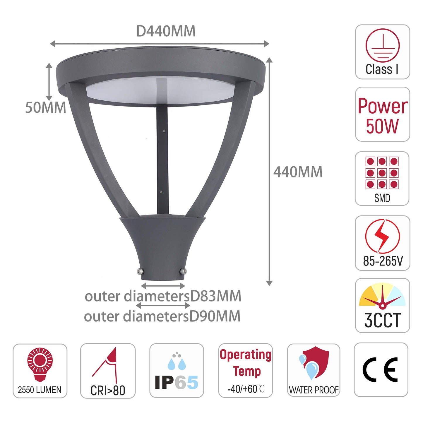 Modern 50W LED Post Top Garden Light, 3CCT Selectable, Dark Grey IP65