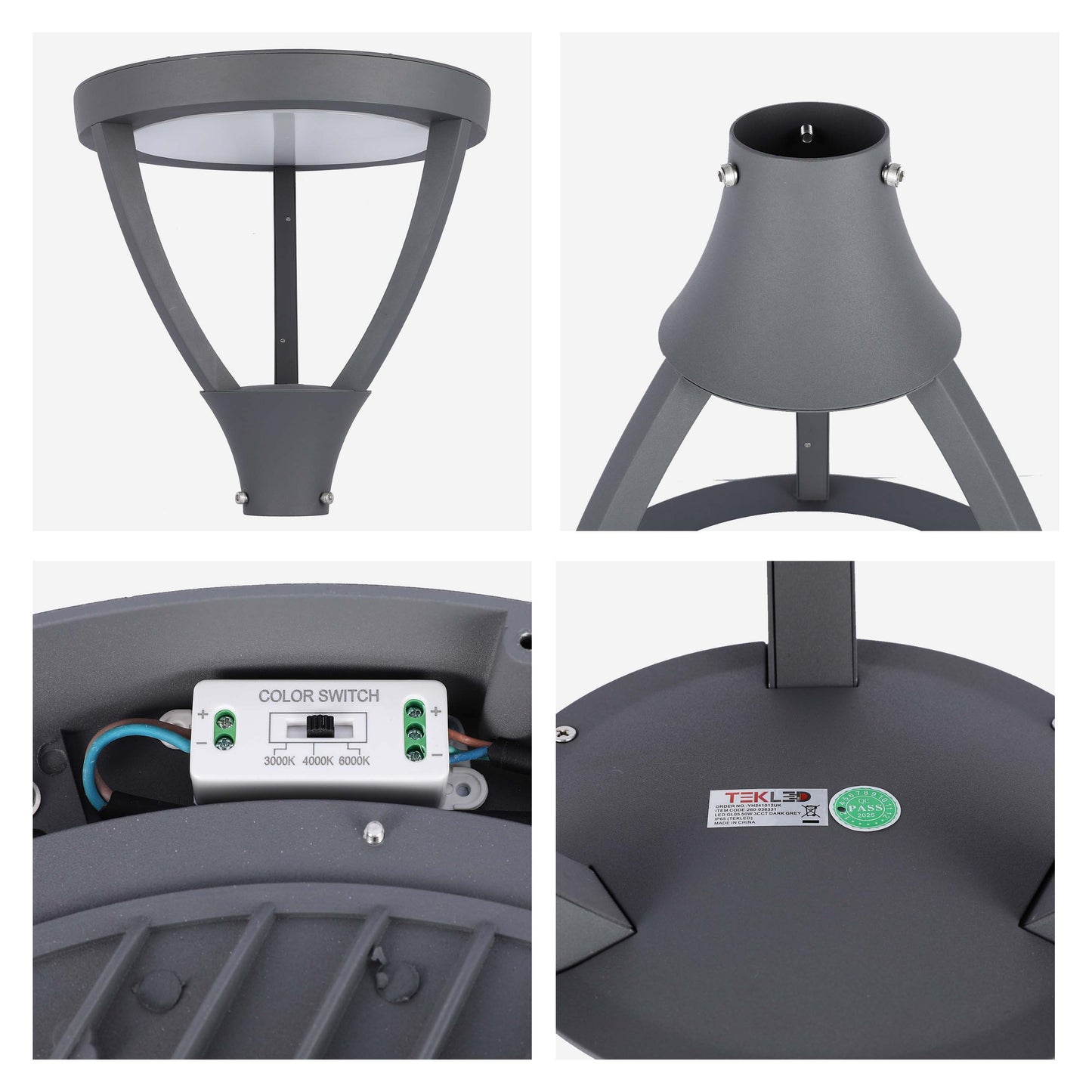 Modern 50W LED Post Top Garden Light, 3CCT Selectable, Dark Grey IP65