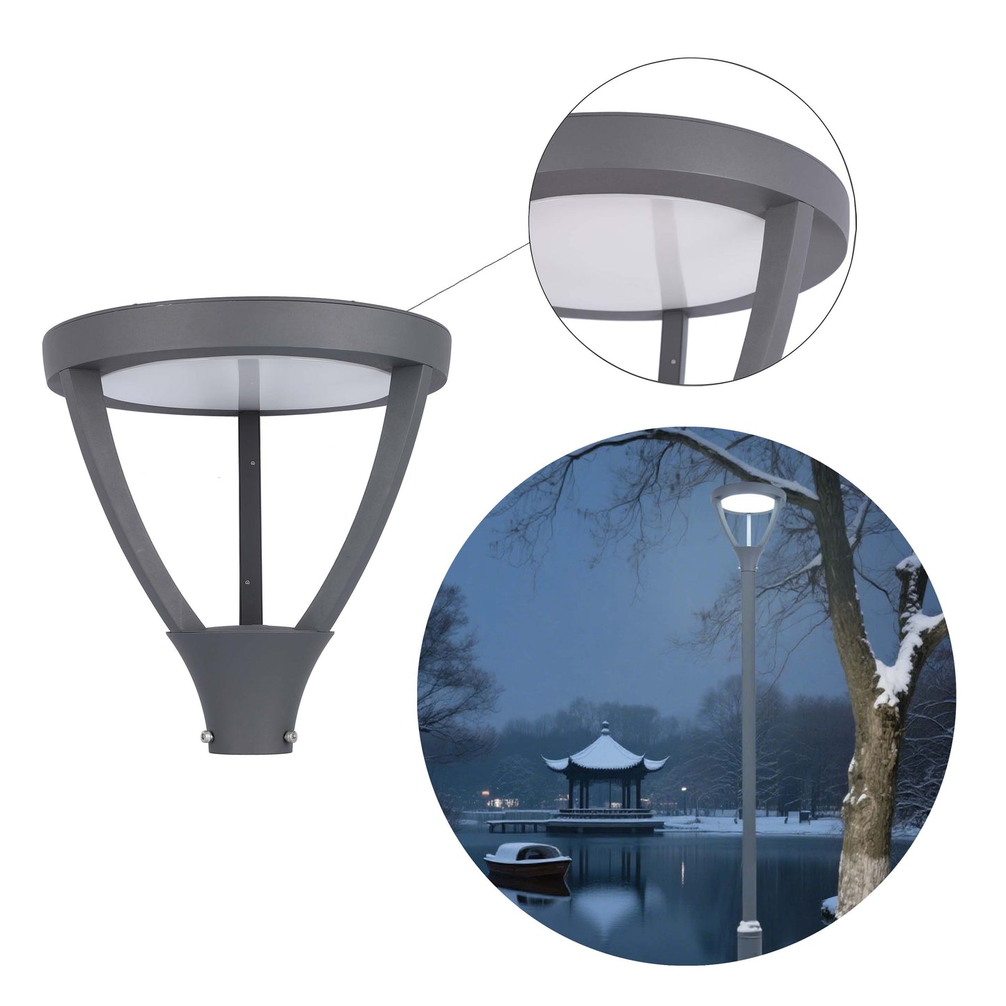 Modern 50W LED Post Top Garden Light, 3CCT Selectable, Dark Grey IP65