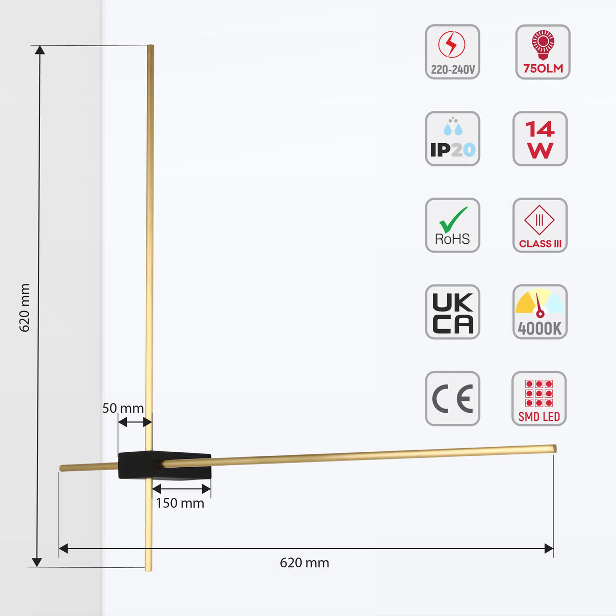 Modern LED wall light showing dimensions and specifications. Long brass bars meet in the middle with a black centre.