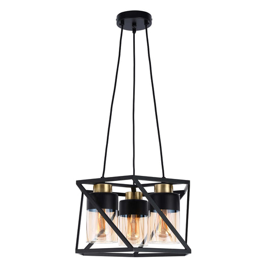 A modern, industrial style chandelier with three exposed bulbs in glass and black metal geometric frame.