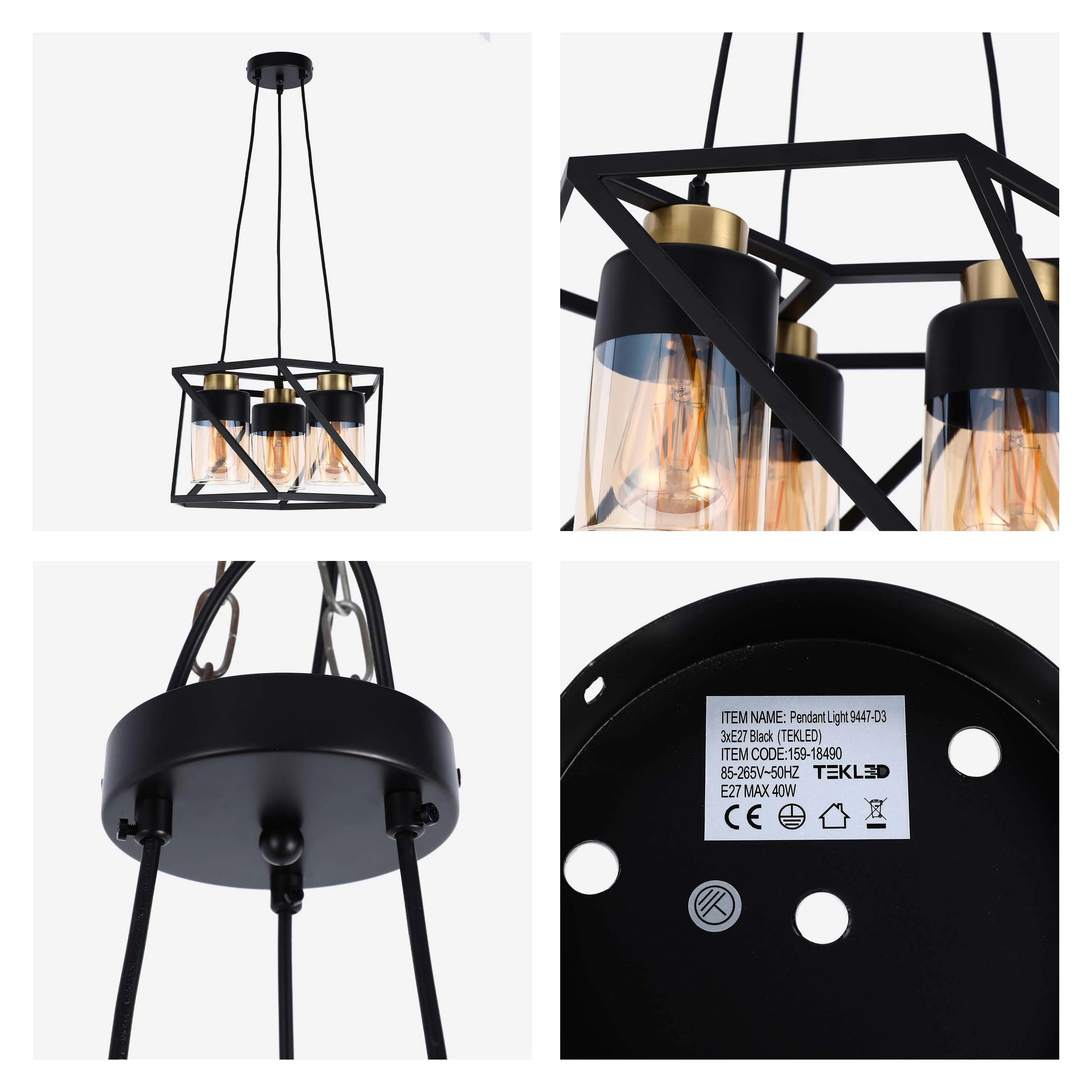 3-Light Black & Gold Pendant Light with Cylinder Amber Glass Shades