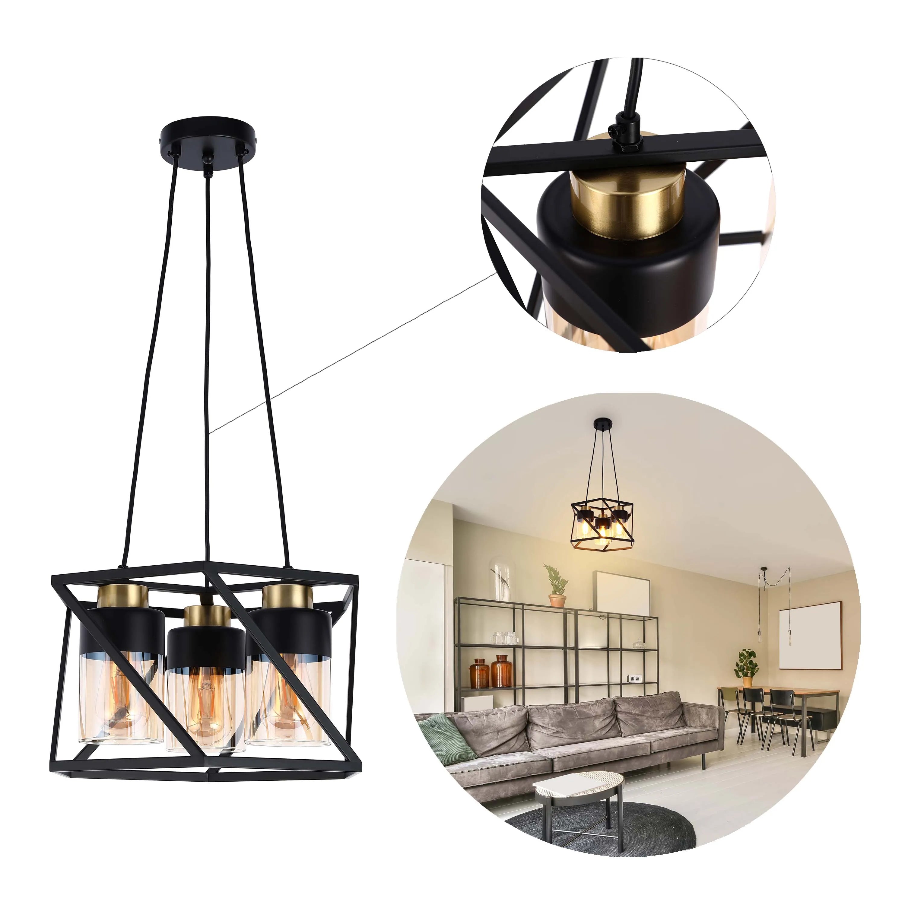 3-Light Black & Gold Pendant Light with Cylinder Amber Glass Shades