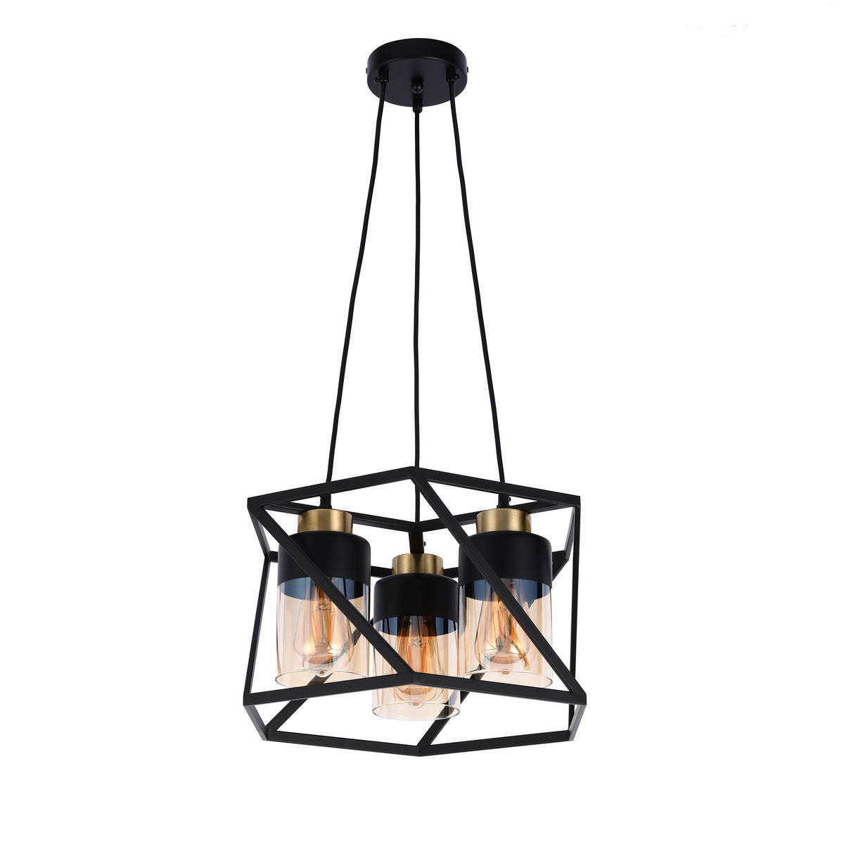 A modern, industrial style chandelier with three exposed bulbs in glass and black metal geometric frame.