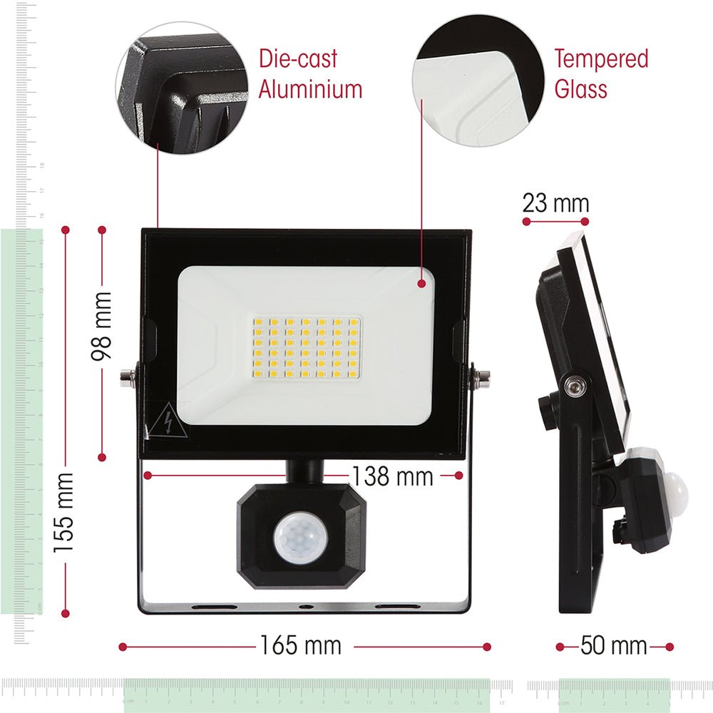 Dimensions of Pegasus Flood Light with PIR Motion Sensor 30W 4000K Cool White IP65