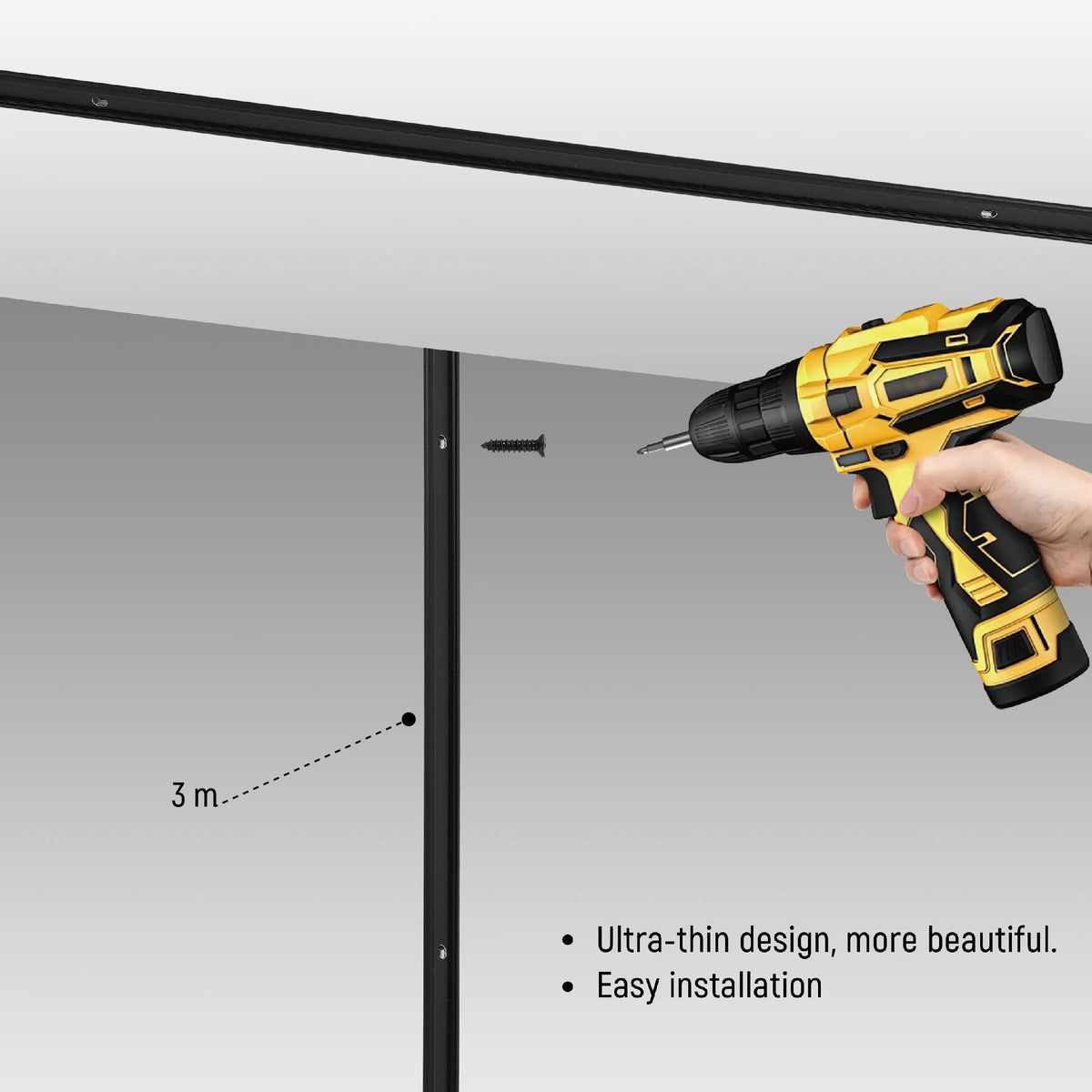 Contemporary LED lighting being installed with a power drill in a light grey room. Good lighting.