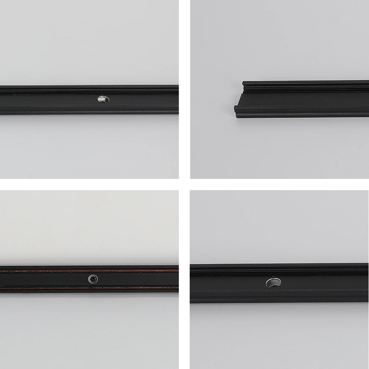 Even lighting highlights the black metal profile strips against a light backdrop, showcasing their detailing and finish.