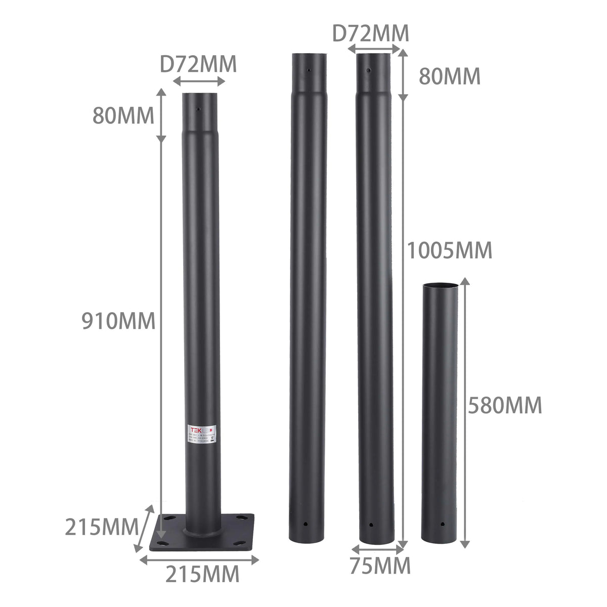 A range of grey lamp posts of various heights and with different base types, displayed with their dimensions annotated.