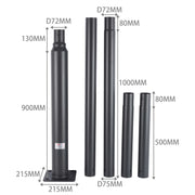 A selection of grey metal lighting poles of varying heights and diameters, displayed on a white background.