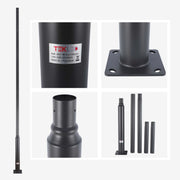A dark grey 4m TEKLED light pole is displayed in parts, ready for assembly. Features include a base plate, spigot and pole sections.
