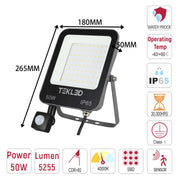 Tekled 50W LED floodlight with sensor. Features include waterproof, IP65, 4000K colour temp and 5255 lumen output.